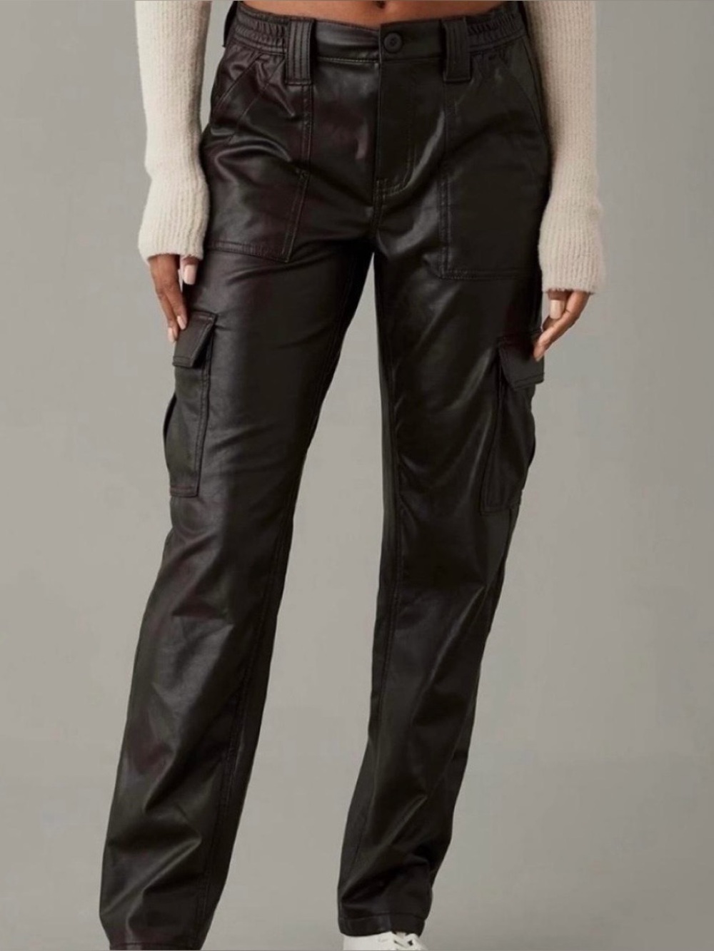 American Eagle Stretch High-Waisted Vegan Leather Straight Cargo Pant in Brown